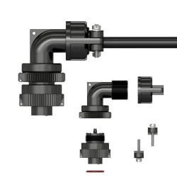 A side view of an assembled CK-D2D right-angle connector kit made of black polyurethane above a side view of all the connector kit components.