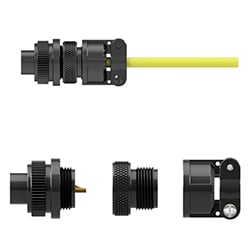 A side view of an assembled CK-D2J connector kit made of black polycarbonate with a stainless steel locking ring above a side view of all the connector kit components.