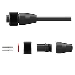 A side view of an assembled CKP-A2A connector kit made of black polycarbonate with a black polycarbonate locking ring, above a side view of all the connector kit components.