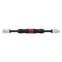 A side view of a CB916-1A cable adapter with a nickel-plated brass BNC plug on both ends, and a safety feature in the middle.