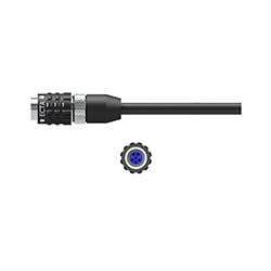 A side view of a black Delrin C314 connector with a nickel-plated aluminum insert and knurled ring, on a black CTC industrial cable, above a front view of connector showing the six pins.