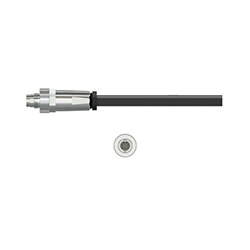 A side view of a silver metal C539 data collector connector, on a black CTC industrial cable, above a front view of the connector showing the four pins.