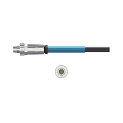 A side view of a silver metal C84 data collector connector, on a black CTC industrial cable with a blue heatshrink, above a front view of connector showing the four pins.
