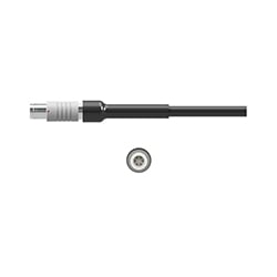 A side view of a C66 data collector connector with a silver metal connector on a black CTC industrial cable, pictured above a front view of the connector showing the 6 pins.