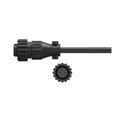A side view of a C382 black data collector connector on a black CTC industrial cable, above a front view of the connector showing the 4 sockets.