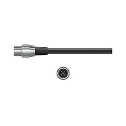 A side view of a C565 stainless steel data collector connector with a knurled ring, on a black CTC industrial cable, above a front view of the connector showing the 5 pins.