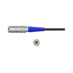 A side view of a stainless steel C451 data collector connector with a blue strain relief, on a black CTC cable, shown above a front view of the connector showing the 7 pins.