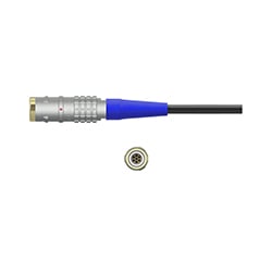 A side view of a grey metal C22 data collector connector with a blue strain relief, on a black CTC cable, above a front view of the connector showing the 7 pins.
