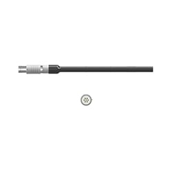 A side view of a silver metal C645 data collector connector on a black CTC cable, above a front view of the connector showing the four pins.