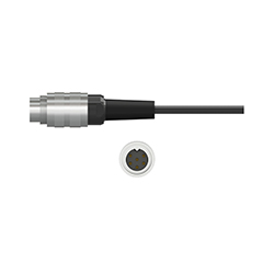 A side view of a silver metal C91 data collector connector with a black strain relief, on a black CTC cable, above a front view of the connector showing the six pins.