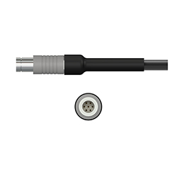 A side view of a silver metal C364 data collector connector on a black CTC cable, above a front view of the connector showing the seven pins.