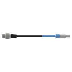 A side view of a CMX2147 data collector adapter with a metal connector on either end of a black CTC cable, and a blue strain relief on the right connector.