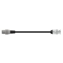 A side view of a CMX2149 data collector adapter with a metal connector on either end of a black CTC cable.