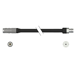 A side view of a CMX2203 data collector adapter, with a grey connector on the left side and a stainless steel connector on the right side, on a black CTC cable.