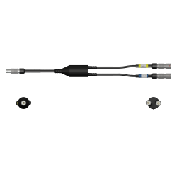 A side view of a CMX2205 data collector cable with one black cable and silver connector to the left side, with a splitter in the middle of the cable, and two black cables with silver metal connectors extending out of the right side of the splitter.