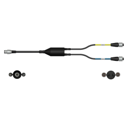 A side view of a CMX2251 data collector cable with one black cable and connector to the left side, with a splitter in the middle of the cable, and two black cables with silver metal connectors extending out of the right side of the splitter.