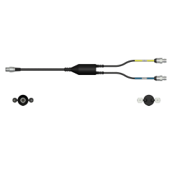 A side view of a CMX2252 data collector cable with one black cable and silver connector to the left side, with a splitter in the middle of the cable, and two black cables with silver metal connectors extending out of the right side of the splitter.