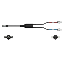 A side view of a CMX2261-E data collector cable with one black cable and silver connector to the left side, with a splitter in the middle of the cable, and two black cables with silver metal connectors extending out of the right side of the splitter.