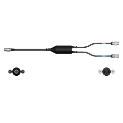 A side view of a CMX2261-F data collector cable with one black cable and silver connector to the left side, with a splitter in the middle of the cable, and two black cables with silver metal connectors extending out of the right side of the splitter.