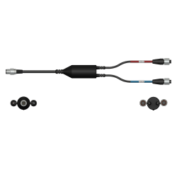 A side view of a CMX2261-T data collector cable with one black cable and silver connector to the left side, with a splitter in the middle of the cable, and two black cables with silver metal connectors extending out of the right side of the splitter.