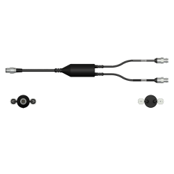 A side view of a CMX2262-E data collector cable with one black cable and silver connector to the left side, with a splitter in the middle of the cable, and two black cables with silver metal connectors extending out of the right side of the splitter.