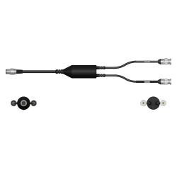 A side view of a CMX2262-F data collector cable with one black cable and silver connector to the left side, with a splitter in the middle of the cable, and two black cables with silver metal connectors extending out of the right side of the splitter.