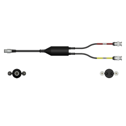 A side view of a CMX2272 data collector cable with one black cable and silver connector to the left side, with a splitter in the middle of the cable, and two black cables with silver metal connectors extending out of the right side of the splitter.