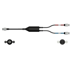 A side view of a CMX2273 data collector cable with one black cable and silver connector to the left side, with a splitter in the middle of the cable, and two black cables with silver metal connectors extending out of the right side of the splitter.