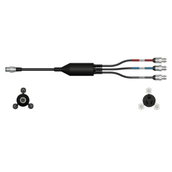 A side view of a CMX2275 data collector cable with one black cable and silver connector to the left side, with a splitter in the middle of the cable, and three black cables with silver metal connectors extending out of the right side of the splitter.