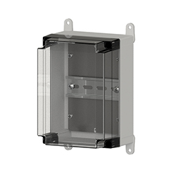 A CTC IS200 Series Enclosure for CTC IS111 and IS151 Intrinsically Safe Barriers, with clear front panel, shown without barriers installed.