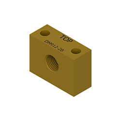 A brown rectangular mounting block for proximity probes, with the word TOP and DM912-2B engraved on the top.