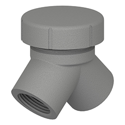 A V-shaped, gray powder-coated iron IS311-1B conduit elbow with arms facing down and a circular screw cap at the joint at the top.