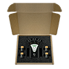 A photo of a CTC PS03A 3 channel power supply and 4 batteries packaged in a foam insert inside a cardboard shipping box.