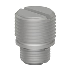 A stainless steel MH108-3B adapter stud, with a smaller diameter threaded stud on the bottom, and a larger diameter threaded stud on the top, with a straight notch on both ends.