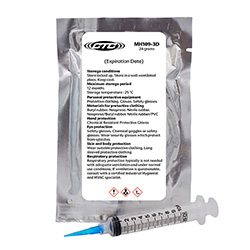A shiny silver foil, rectangular package standing upright, with a white label on the front with the CTC line logo and MH109-3D epoxy information, with a clear 10 mL syringe with a blue tip laying next to the package.