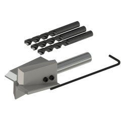 An MH117-11A accelerometer installation tool kit including one silver metal spotface tool, three metal drill tips, and a black metal hex wrench.