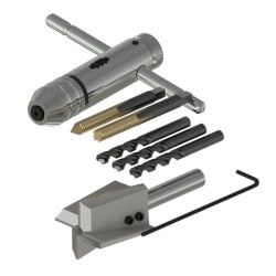 An MH117-1B accelerometer installation tool kit including one silver metal spotface tool, three metal drill tips, one black metal hex wrench, two metal tap, and one metal ratcheting tap handle..