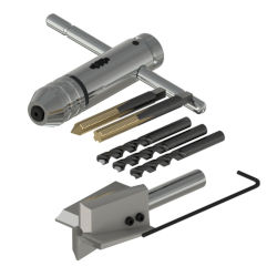 An MH117-4B accelerometer installation tool kit including one silver metal spotface tool, three metal drill tips, one black metal hex wrench, two metal tap, and one metal ratcheting tap handle..
