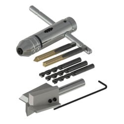 An MH117-7B accelerometer installation tool kit including one silver metal spotface tool, three metal drill tips, one black metal hex wrench, two metal tap, and one metal ratcheting tap handle..