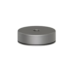 A circular, stainless steel MH130-3A mounting disk with a blind, tapped through-hole extending through the center of the top of the disk, and a narrow, indented notch around the bottom of the magnet.