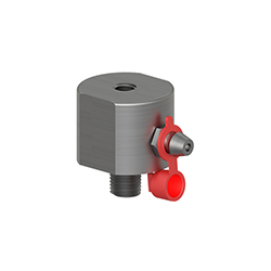 A stainless steel MH134-2A mounting pad for condition monitoring sensors, with a threaded stud on the bottom of the adapter, a Zerk grease fitting with red plastic cap on the side, and a tapped hole on the top..