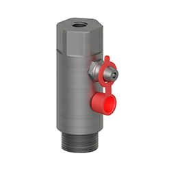 A stainless steel MH134-4A mounting pad for condition monitoring sensors, with a threaded stud on the bottom of the adapter, a Zerk grease fitting with red plastic cap on the side, and hex-shaped head with a tapped hole on the top.