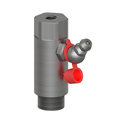 A stainless steel MH134-4B mounting pad for condition monitoring sensors, with a threaded stud on the bottom of the adapter, a 45°-angle Zerk grease fitting with red plastic cap on the side, and hex-shaped head with a tapped hole on the top.