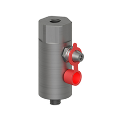 A stainless steel MH134-6A mounting pad for condition monitoring sensors, with a threaded stud on the bottom of the adapter, a Zerk grease fitting with red plastic cap on the side, and hex-shaped head with a tapped hole on the top.