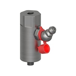 A stainless steel MH134-6B mounting pad for condition monitoring sensors, with a threaded stud on the bottom of the adapter, a 45°-angle Zerk grease fitting with red plastic cap on the side, and hex-shaped head with a tapped hole on the top.
