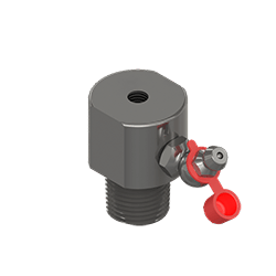A render of a CTC MH134-7B mounting pad for machine lubrication, with a 45° Zerk grease fitting adapter