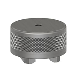 A circular MH140-1A stainless steel accelerometer mounting magnet with two mounting rails on the bottom, knurled ring around the perimeter, and a through-hole in the center of the top.