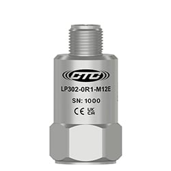 A stainless steel, standard size, M12 top exit LP302-M12E loop power sensor engraved with the CTC Line logo, part number, serial number, and CE and UKCA certification markings.