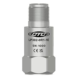 A stainless steel, standard size, top exit LP302 loop power sensor engraved with the CTC Line logo, part number, serial number, and CE and UKCA certification markings.
