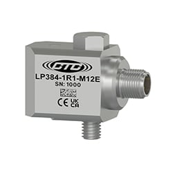 A stainless steel, standard size, M12 side exit LP384-M12E loop power sensor engraved with the CTC Line logo, part number, serial number, and CE and UKCA certification markings.